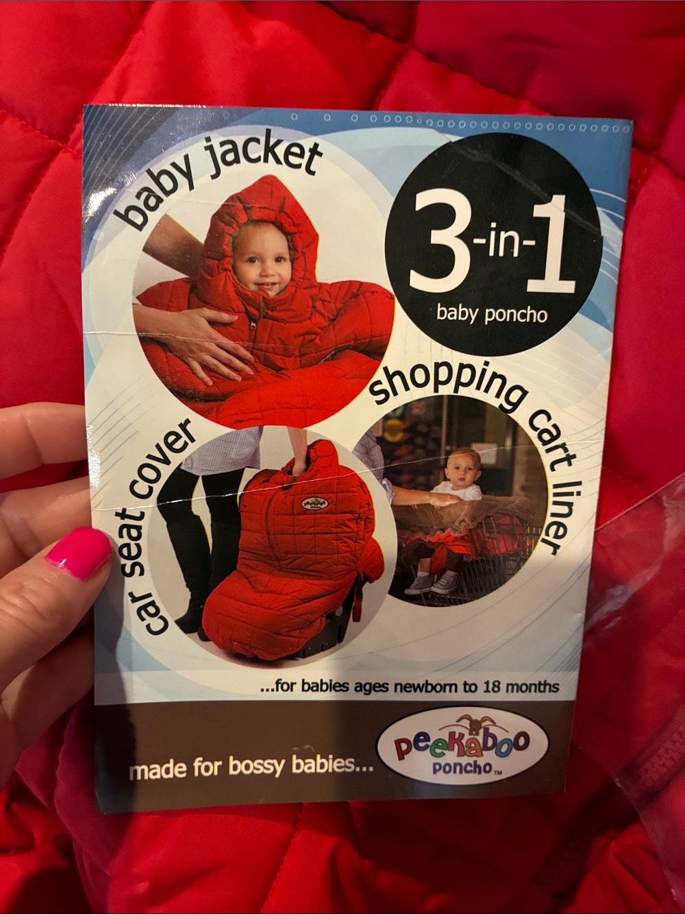 Peekaboo Poncho Red Quilted Jacket/car seat cover/shopping cart liner NWT - Picture 2 of 11